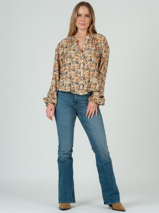 Women's Floral Print Notch Collar Button Up Blouse-Chartreuse