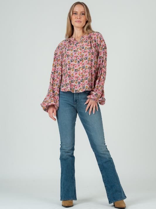 Women's Floral Print Notch Collar Button Up Blouse-Pink