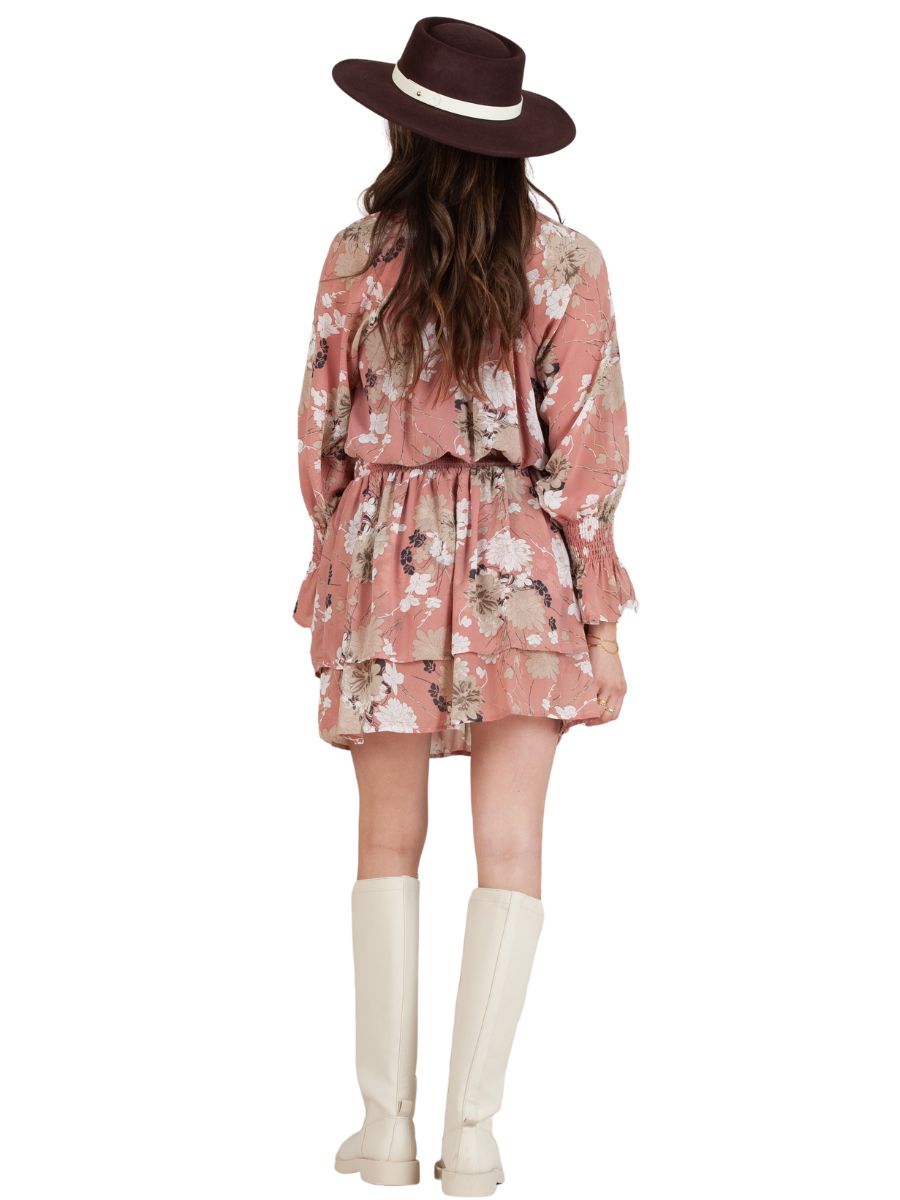 YORK SMOCKED WAIST DRESS-MAUVE BEIGE FLORAL