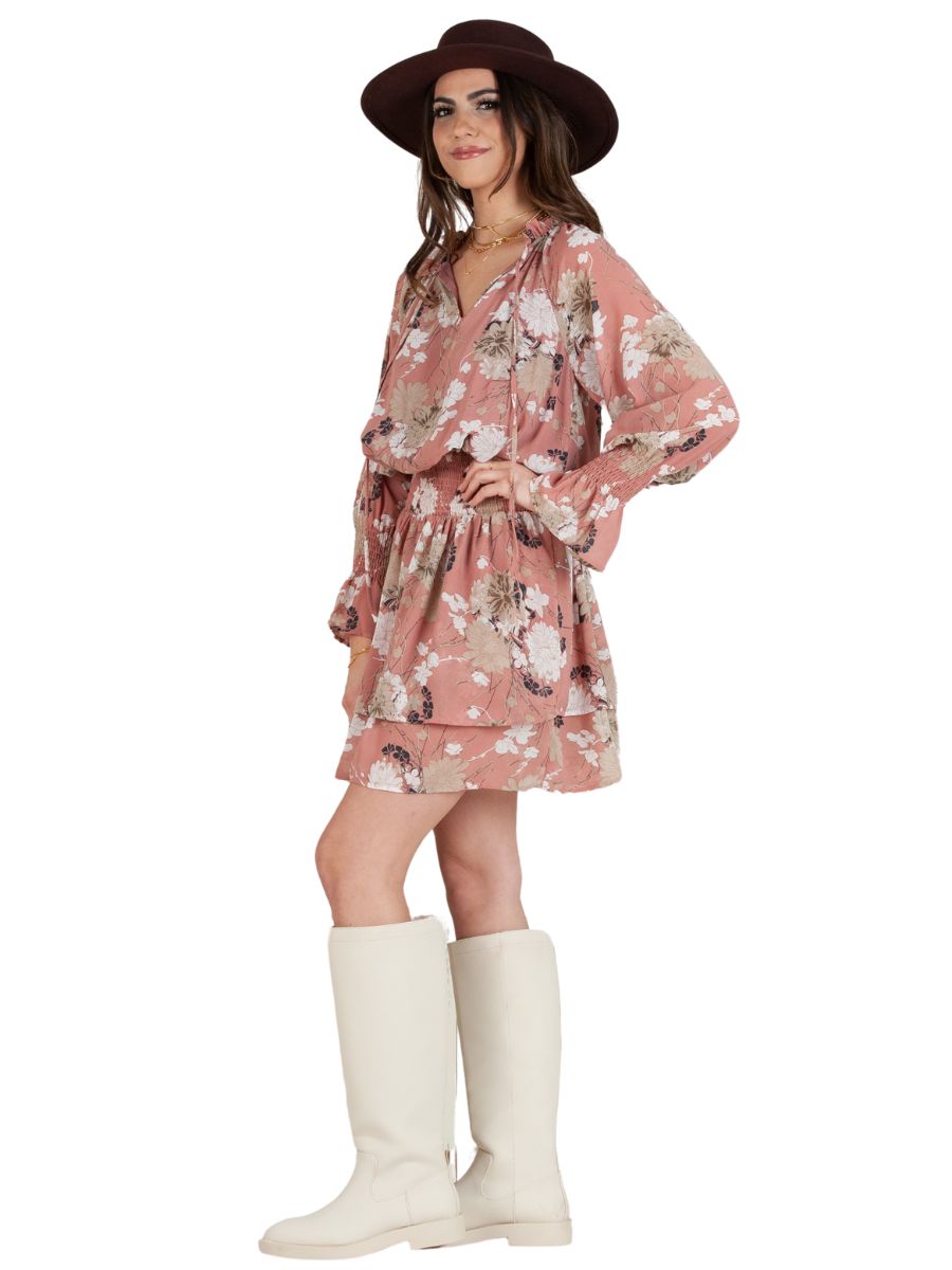 YORK SMOCKED WAIST DRESS-MAUVE BEIGE FLORAL