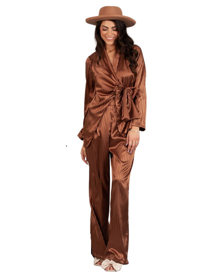 Women's Satin Wrap Blouse & Trousers Set