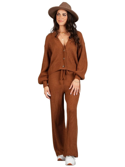 LYNN RIBBED CARDIGAN TOP AND PANT SET-PECAN