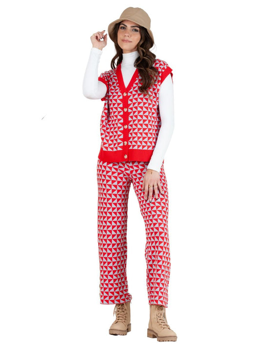 EDIE KNIT VEST AND PANT SET-RED/ROBIN