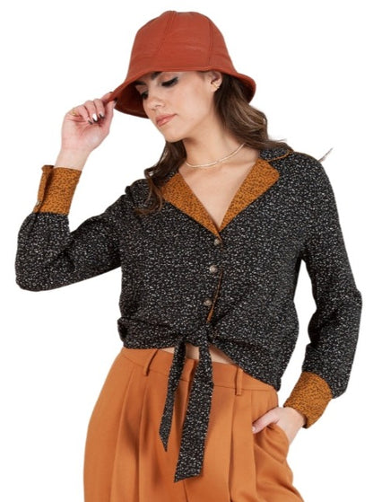 JANINE CONTRAST BLOUSE-BLK/WHITE SPECKLE