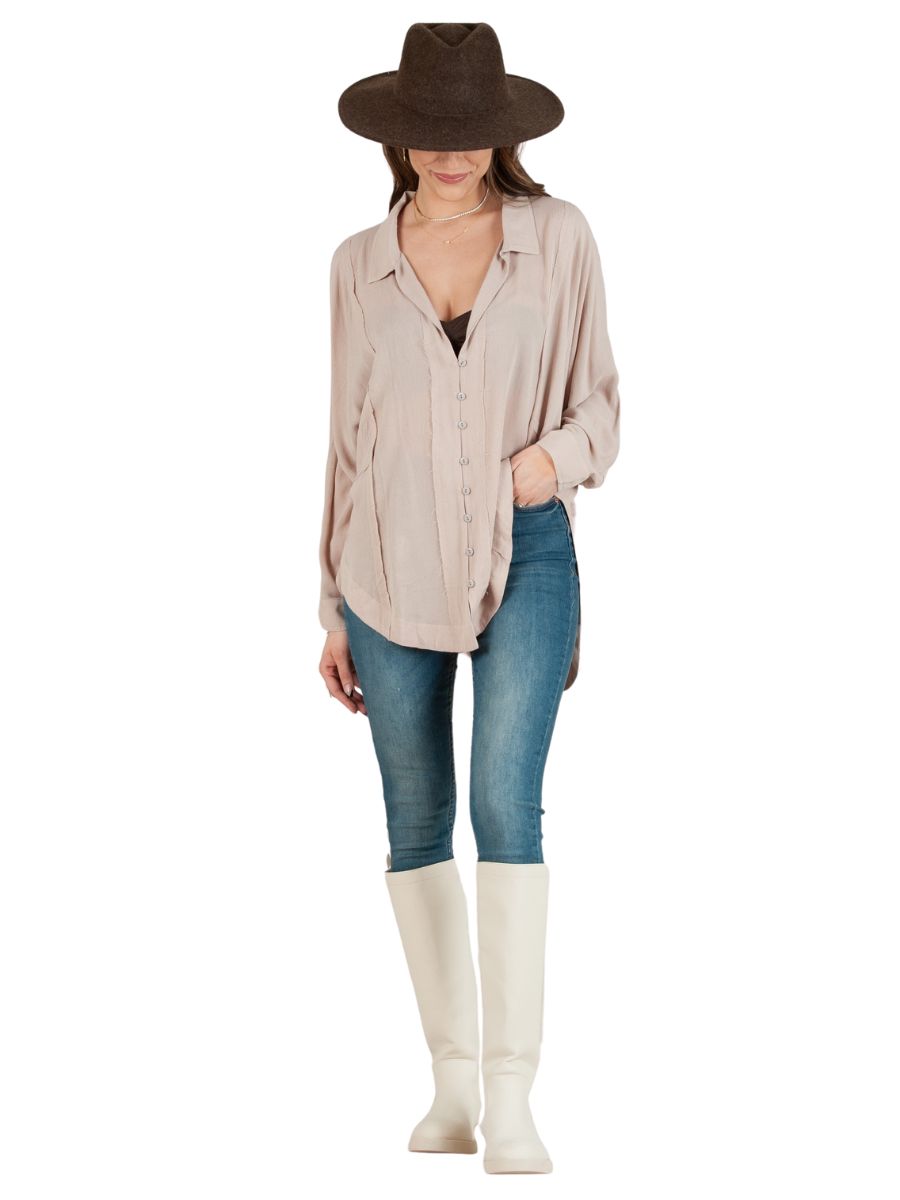 ANNE CURVED HEM BUTTON DOWN TOP-TAUPE