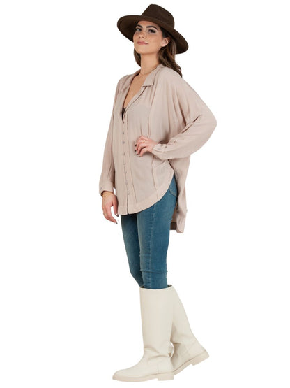 ANNE CURVED HEM BUTTON DOWN TOP-TAUPE