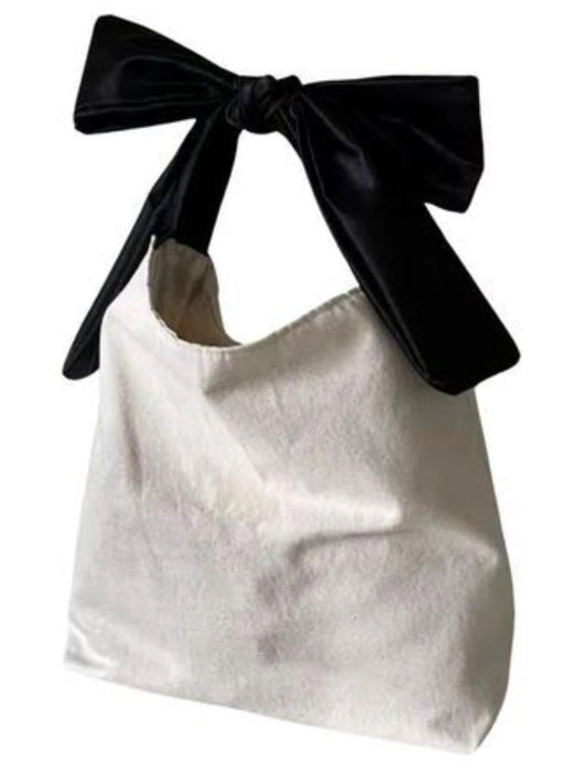 Women's Canvas tote purse bag with black satin bow handle