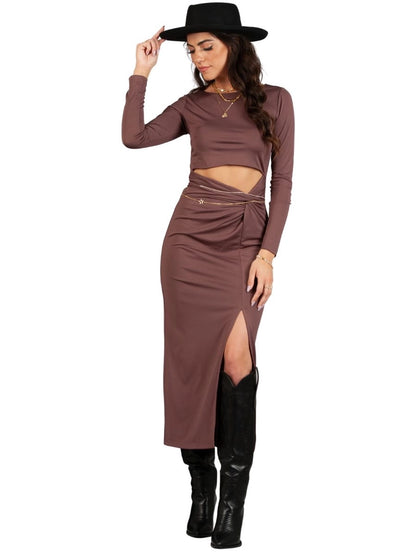 ARIA OPEN MIDRIFF DRESS-MAUVE
