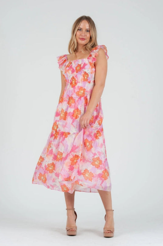 orange and pink floral midi dress Women's Pink floral Print Smocked Midi Dress XS