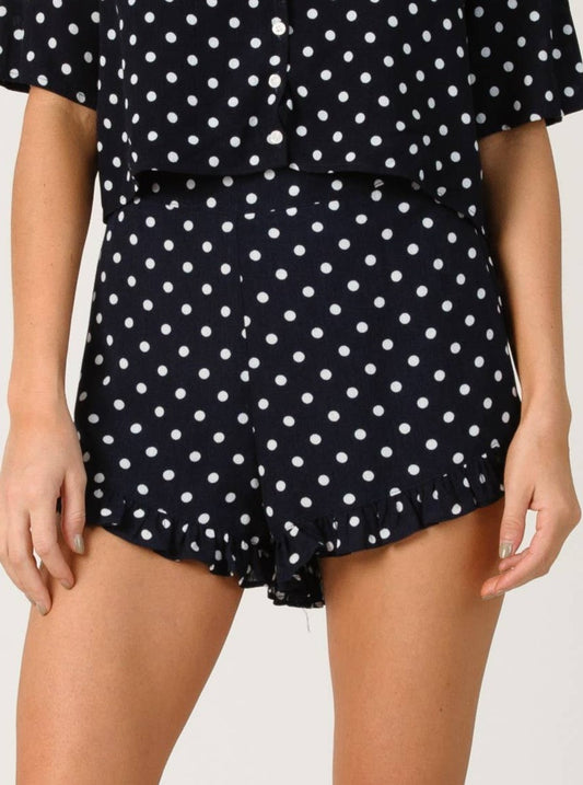 DANIELLA HI WAISTED RUFFLE SHORT-NAVY POLKA DOT