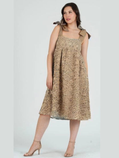Women's Eyelet Lace Bow Strap Midi Dress