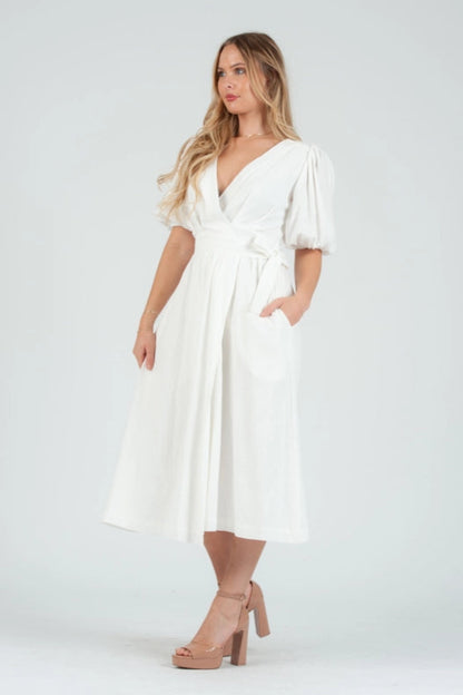Women's White Linen Wrap Midi Dress