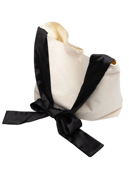 Women's Canvas tote purse bag with black satin bow handle