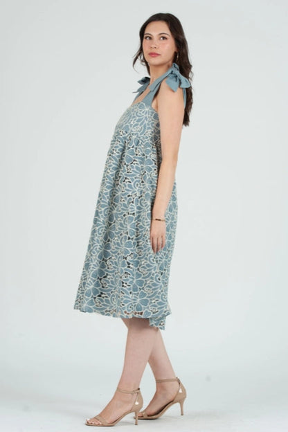 Women's Eyelet Lace Bow Strap Midi Dress