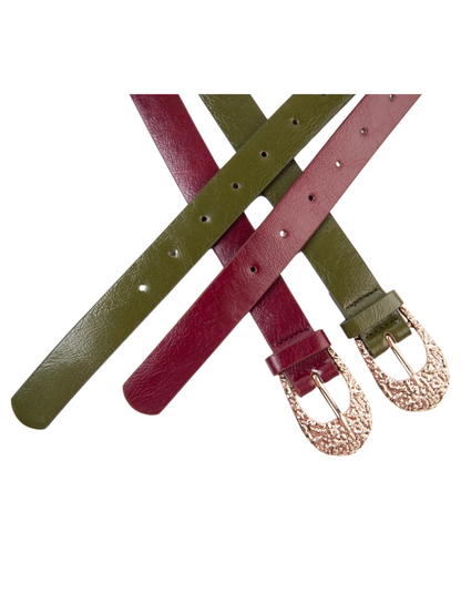 Women's Vegan Leather Belt with Ornate Gold Buckle Detail