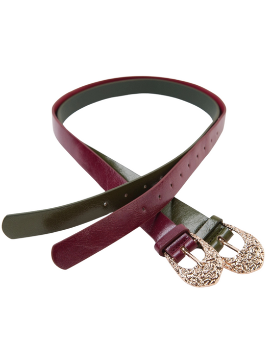 Women's Vegan Leather Belt with Ornate Gold Buckle Detail