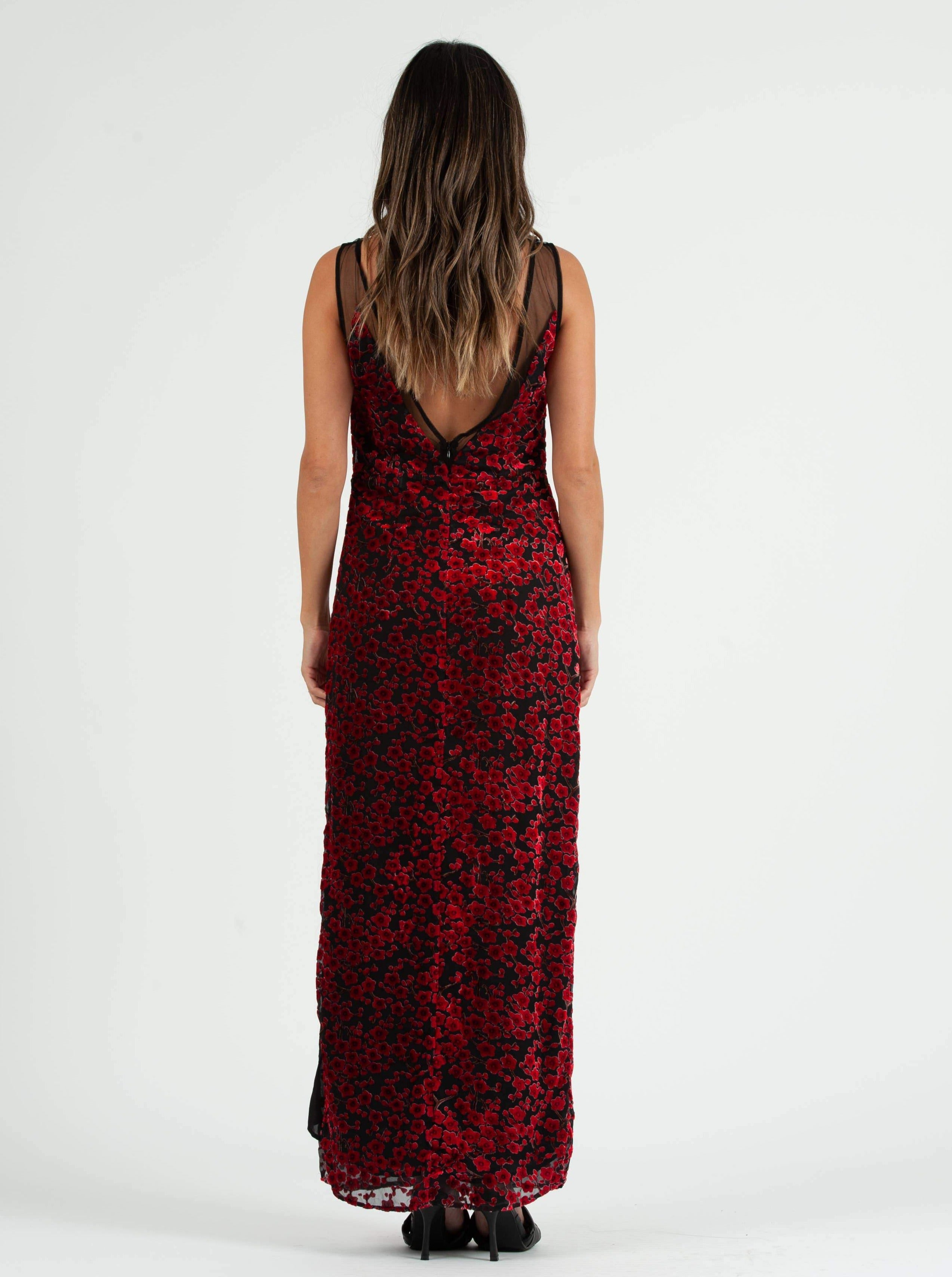 PENELOPE MESH INSET MAXI DRESS-RED VELVET FLORAL – Lucca Couture