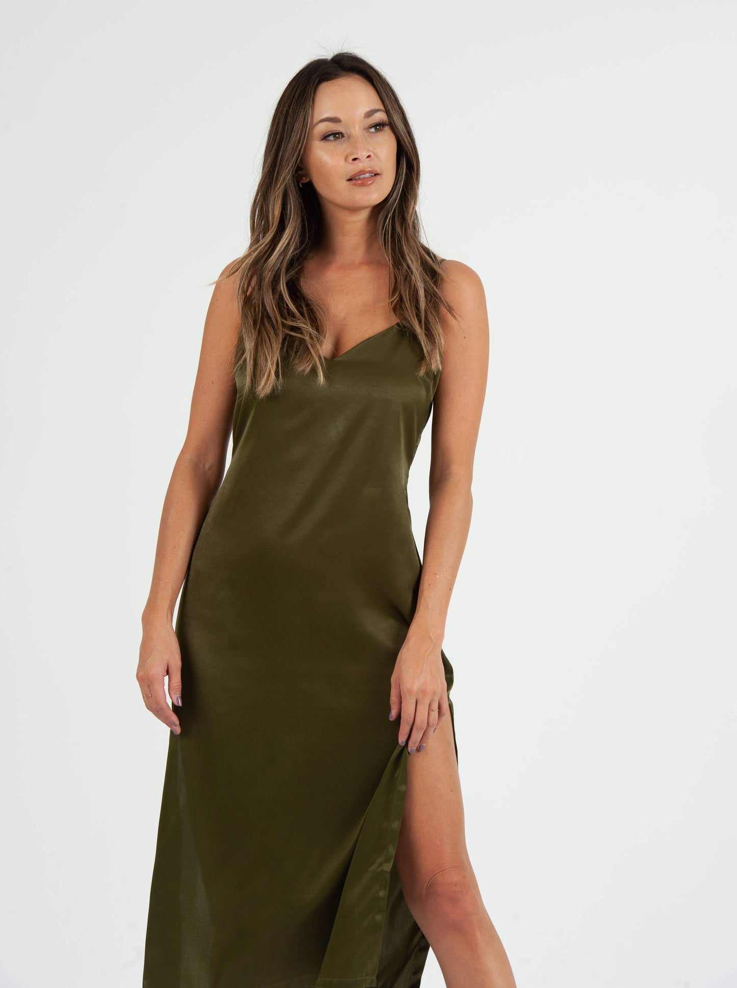 SIERRA SATIN TIE BACK DRESS-MOSS GREEN