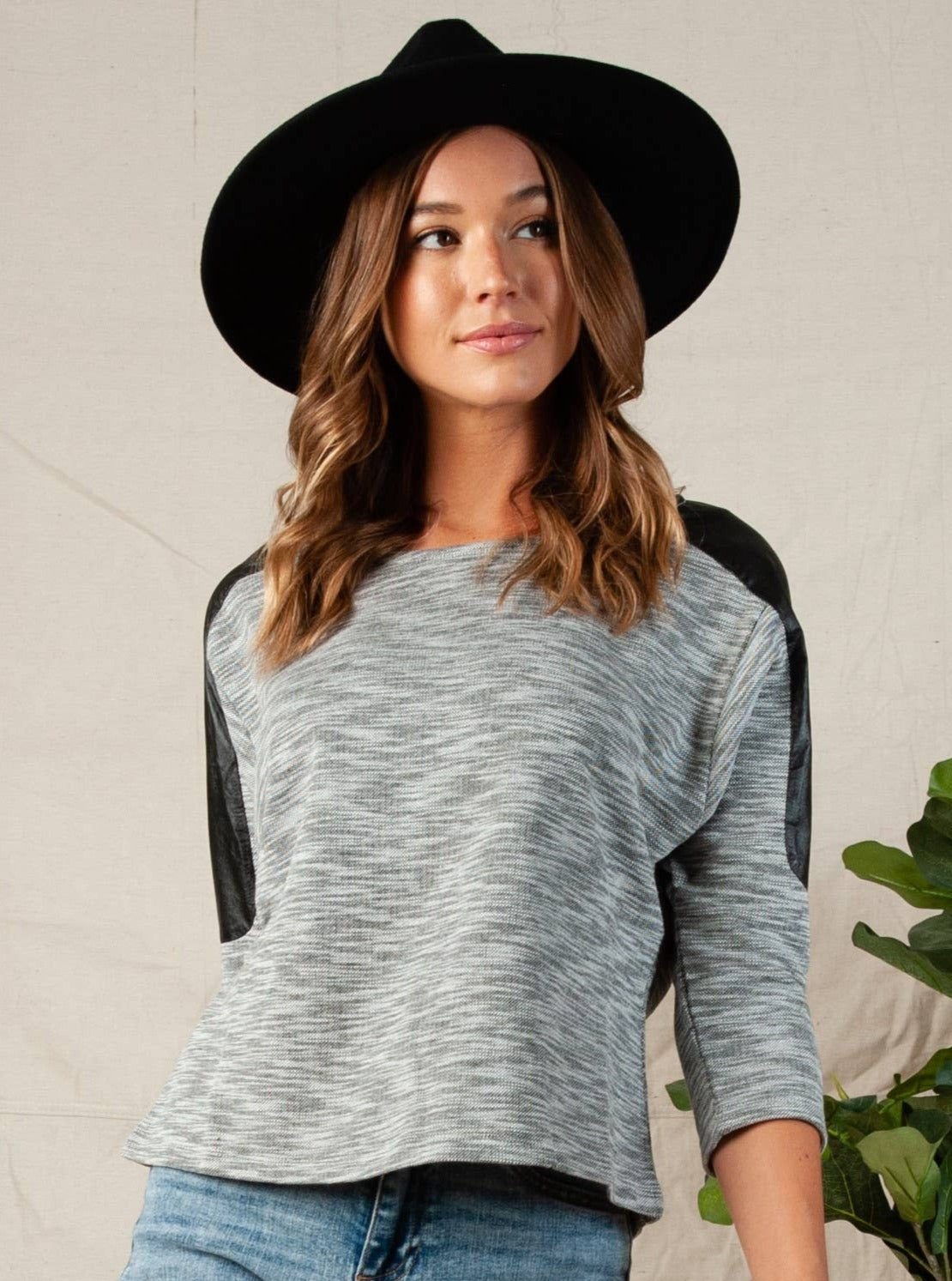 CONTRAST SLEEVES TOP-HEATHER GRAY