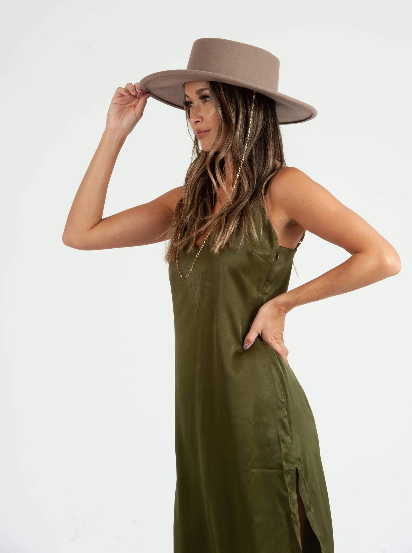 SIERRA SATIN TIE BACK DRESS-MOSS GREEN
