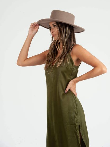 SIERRA SATIN TIE BACK DRESS-MOSS GREEN