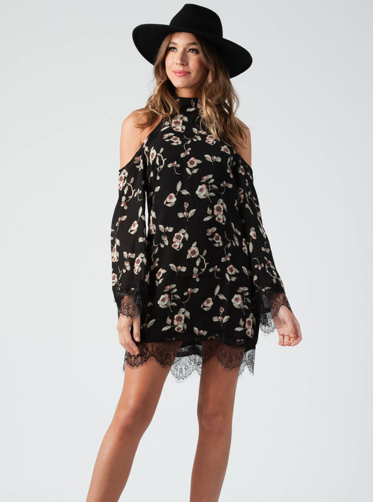 COLD SHOULDER LACE MIX DRESS-BLACK FLORAL