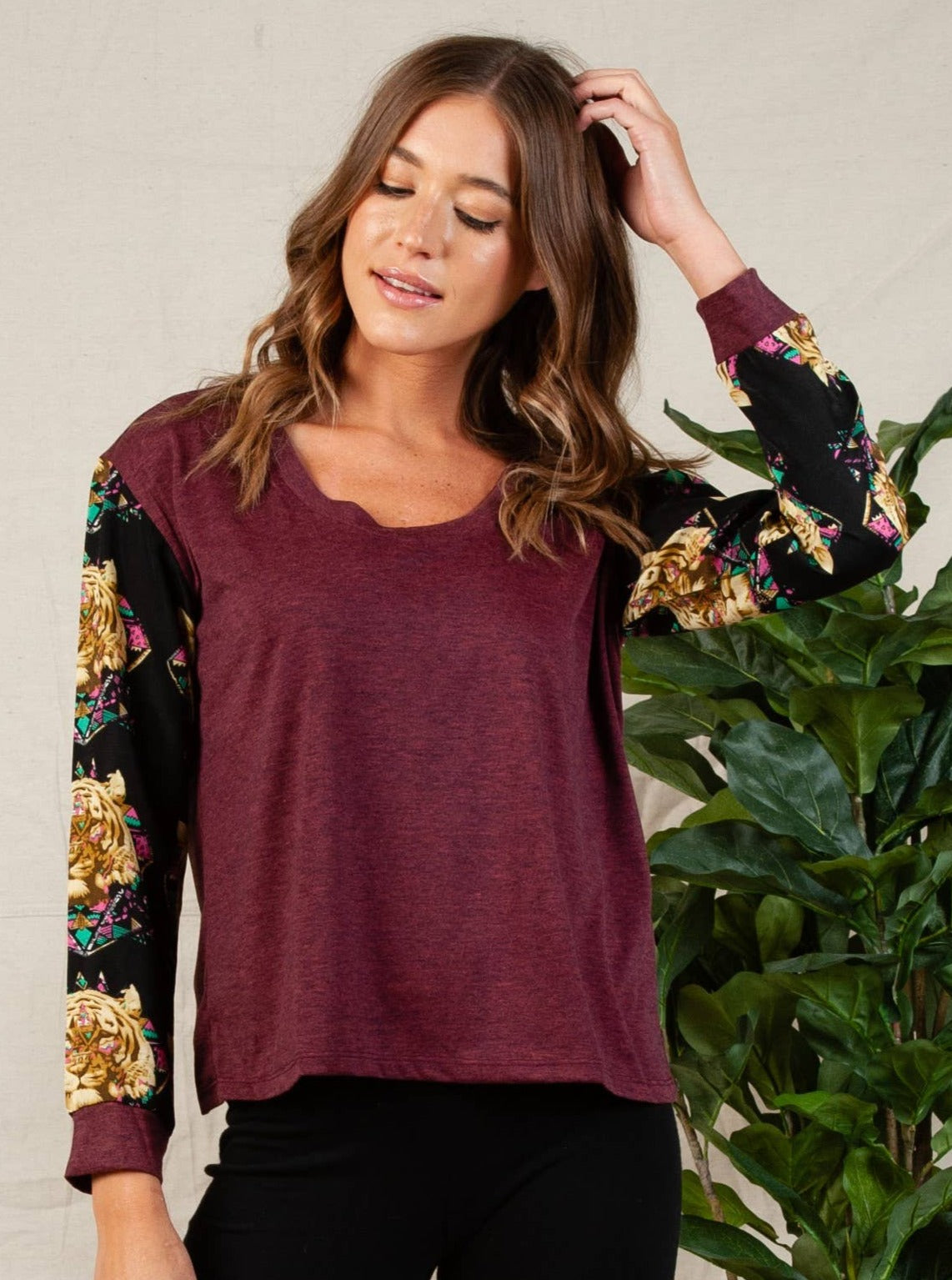 KNIT TOP WITH SATIN PRINTED LS TOP-RASPBERRY