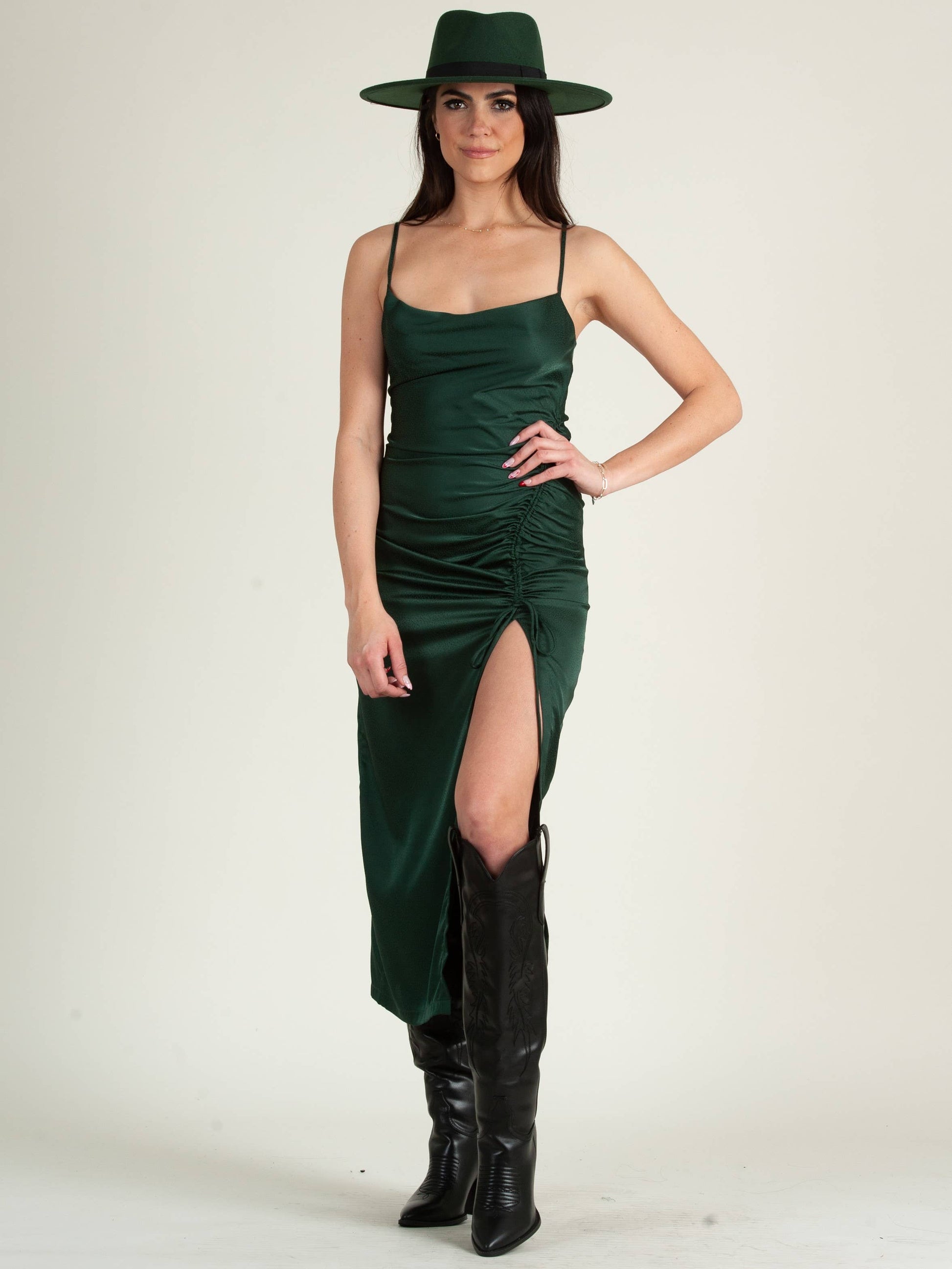 Evie Satin Ruched Midi Dress-Hunter S Evie Satin Ruched Midi Dress-Hunter S