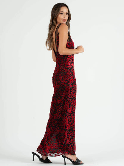 PENELOPE MESH INSET MAXI DRESS-RED VELVET FLORAL