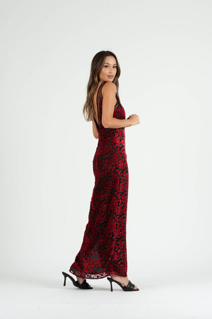 PENELOPE MESH INSET MAXI DRESS-RED VELVET FLORAL