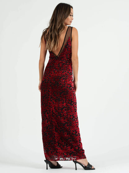 PENELOPE MESH INSET MAXI DRESS-RED VELVET FLORAL