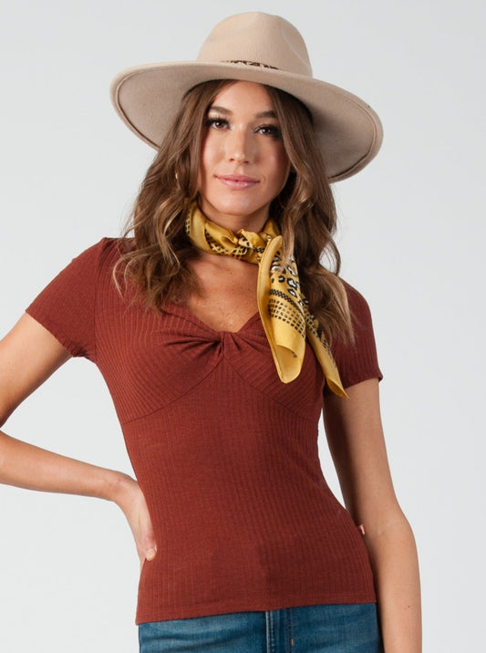 AFTON RIBBED V NECK TEE-SIENNA