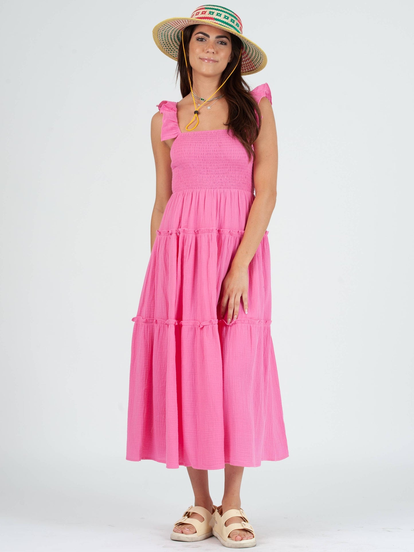 JUDY CRINKLE GAUZE TIERED DRESS-PINK