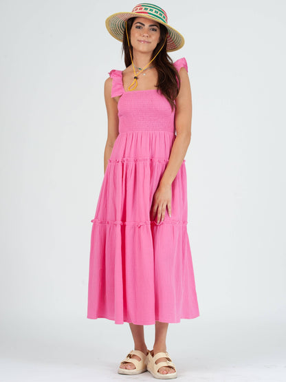 JUDY CRINKLE GAUZE TIERED DRESS-PINK
