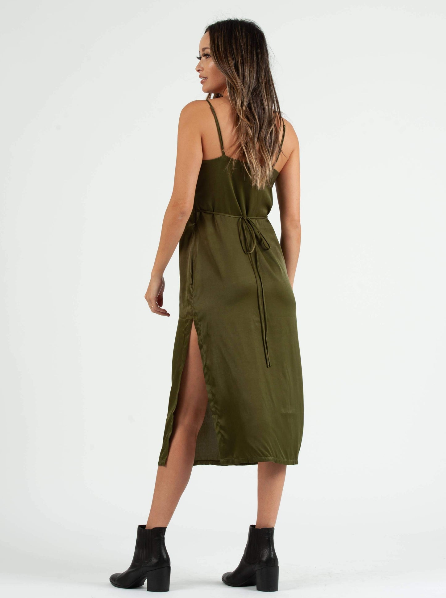 SIERRA SATIN TIE BACK DRESS-MOSS GREEN