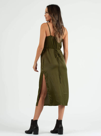 SIERRA SATIN TIE BACK DRESS-MOSS GREEN