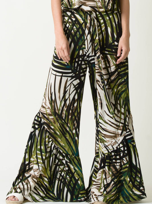 ALANA RUFFLE HEM WIDE LEG PANTS-PALM PRINT