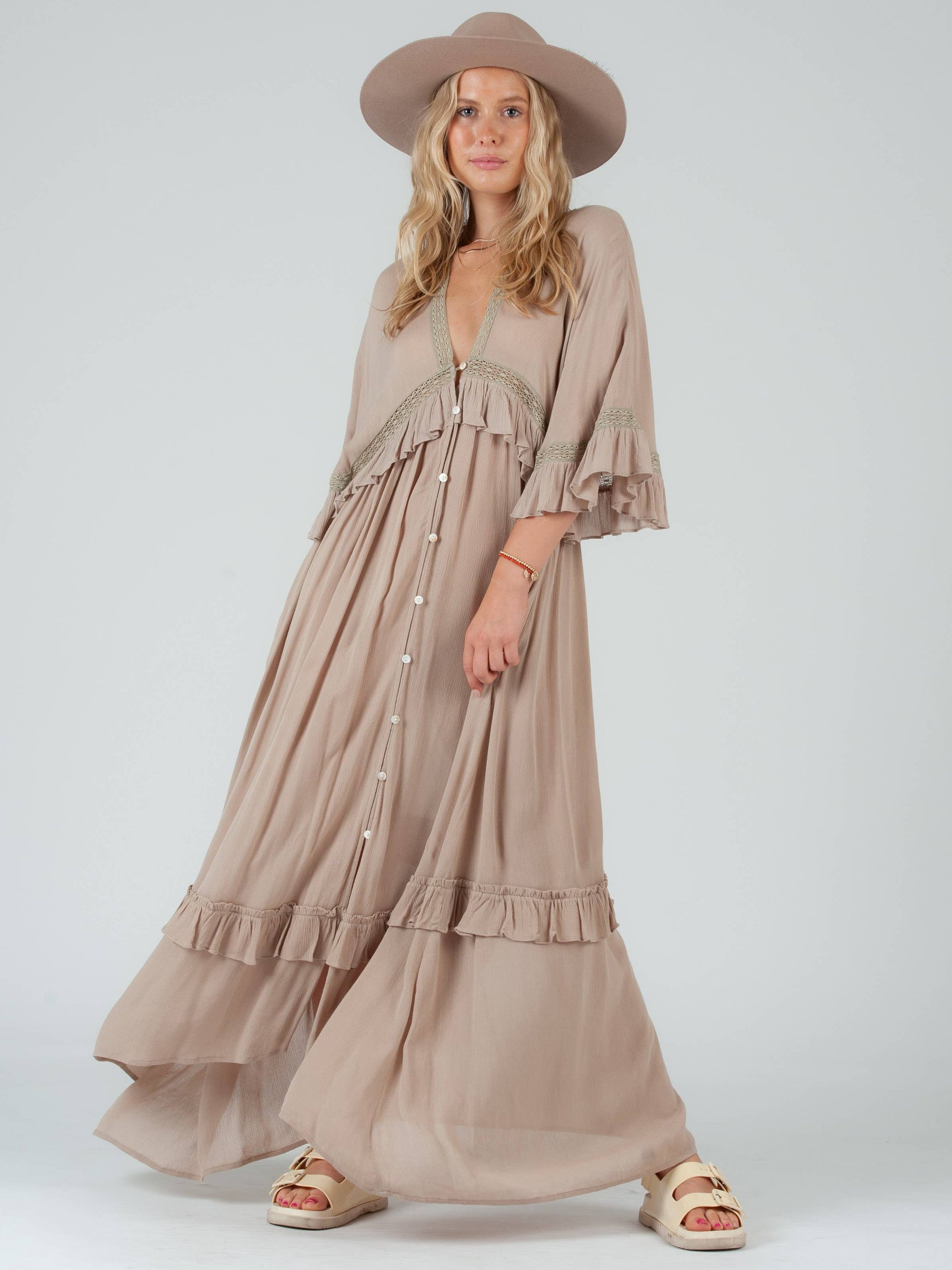 ESTELLE BOHO RUFFLE DRESS-SAND S ESTELLE BOHO RUFFLE DRESS-SAND S