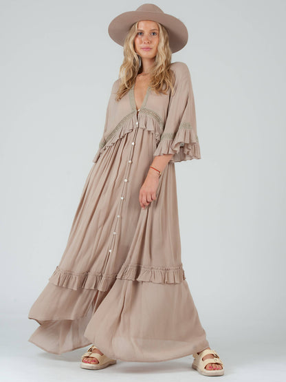 beige boho maxi dress Hinvhai Womens Deep V Neck Puff Short Sleeve Tired Maxi Dress Boho Long Flowy Summer Dresses Beige Xl(xl), Women's