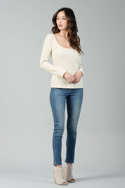 SQUARE KNIT LS RIBBED TOP-CREAM