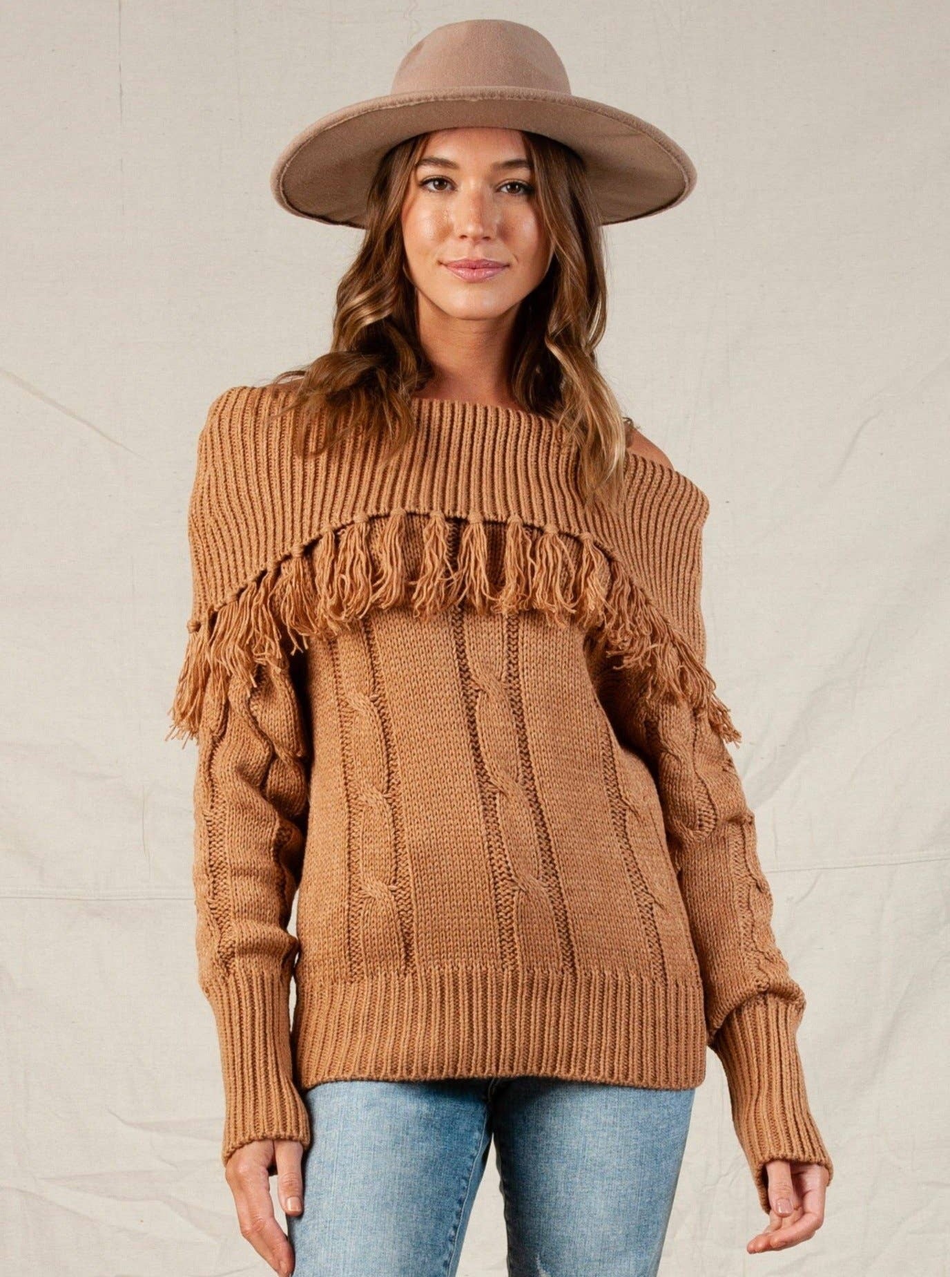 NOELLE TASSEL COWL CABLE KNIT SWEATER-HONEY