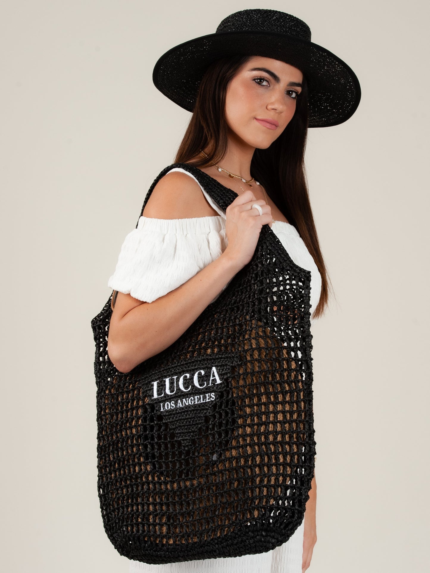 OVERSIZED 'LUCCA' STRAW TOTE-BLACK