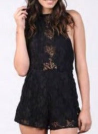 HIGH NECK LACE ROMPER-BLACK