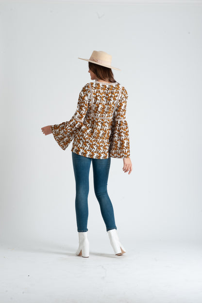 LAURA BELL SLEEVE TOP-WHITE MUSTARD FLORAL
