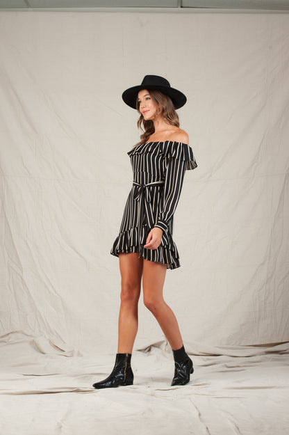 SYRACUSE RUFFLE DRESS | BLACK TAN STRIPE