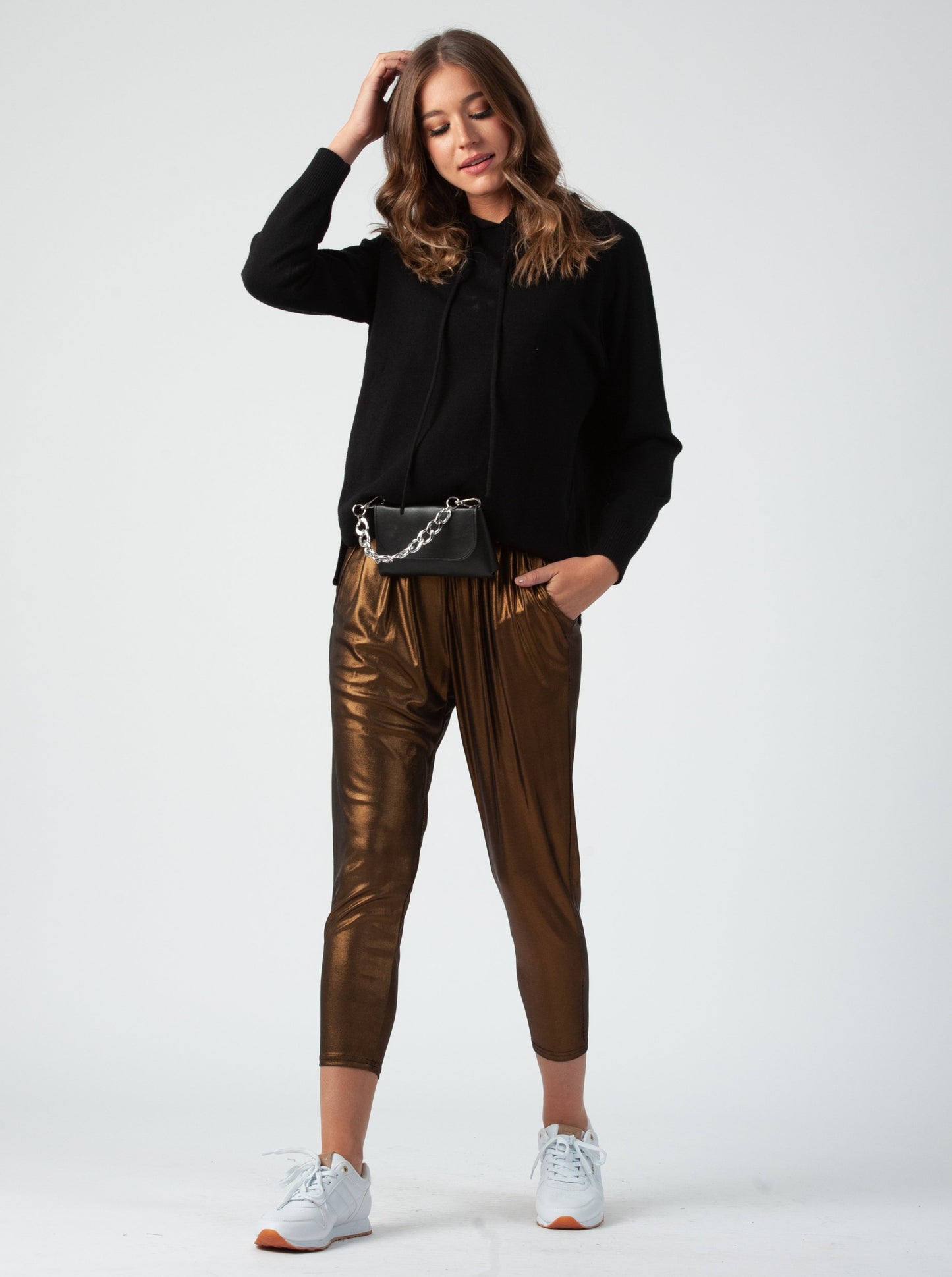 METALLIC HAREM PANTS-COPPER/GUNMETAL