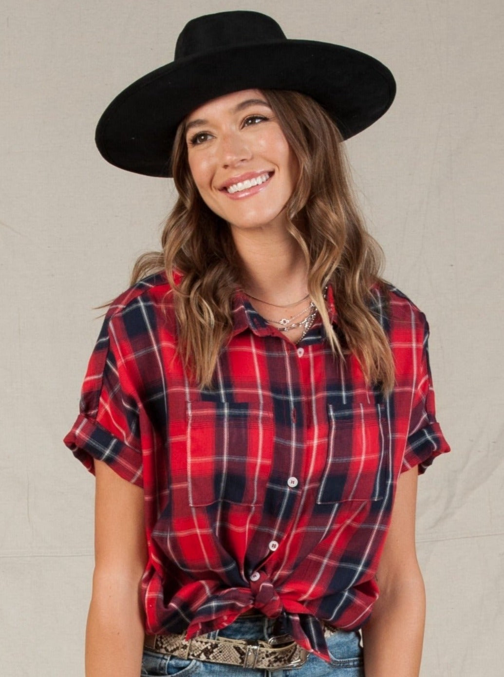BILLY BUTTON DOWN TOP-RED PLAID