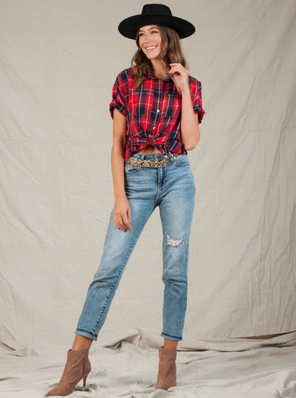 BILLY BUTTON DOWN TOP-RED PLAID