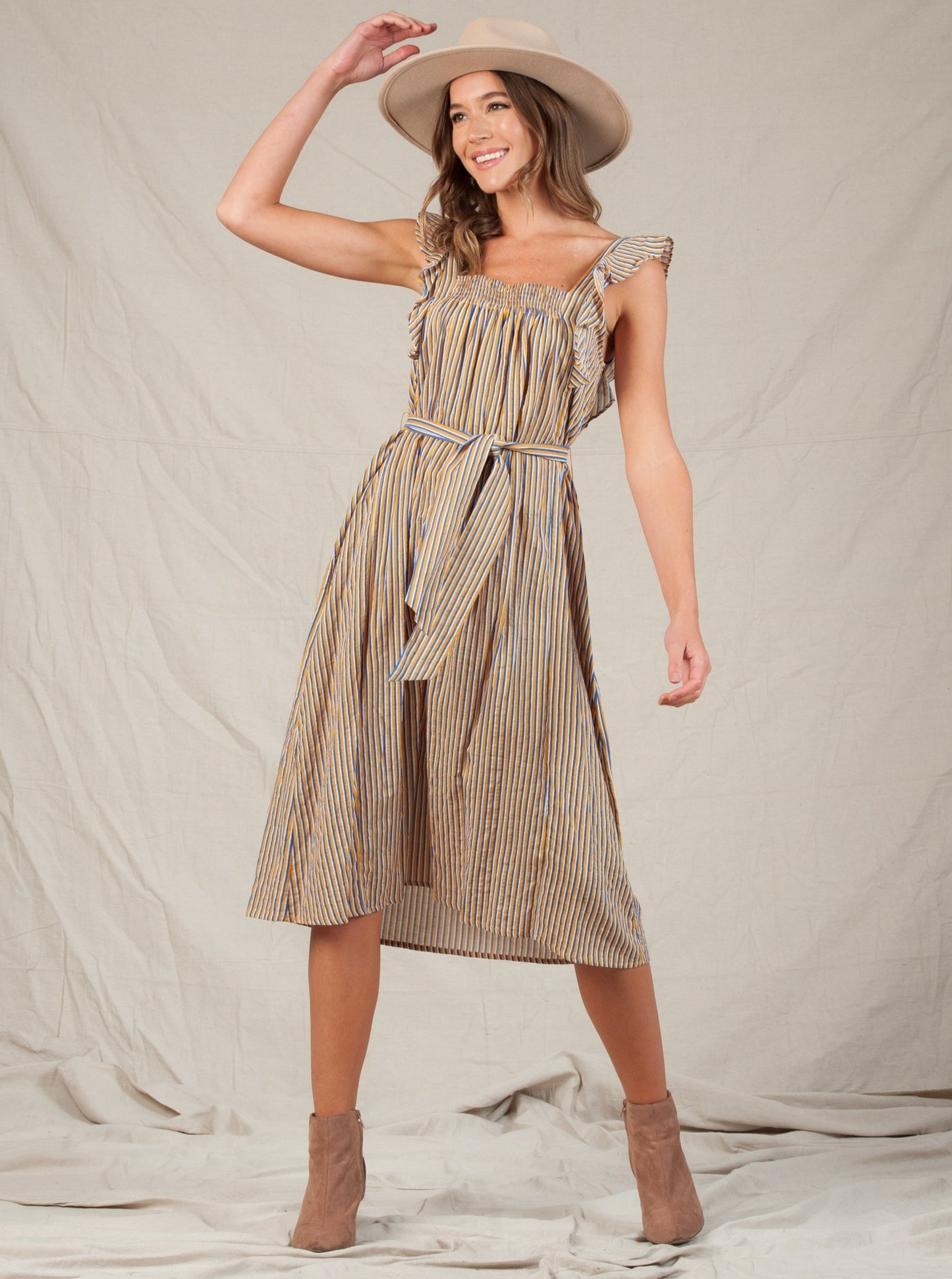 KALANI RUFFLE-STRAP TIE DRESS-MUSTARD MULTISTRIPE