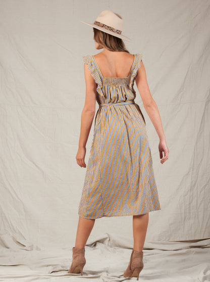 KALANI RUFFLE-STRAP TIE DRESS-MUSTARD MULTISTRIPE